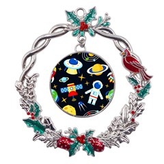 Space Seamless Pattern Metal X mas Wreath Holly Leaf Ornament by Salman4z