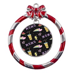 Cute-girl-things-seamless-background Metal Red Ribbon Round Ornament by Salman4z
