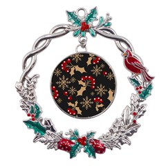 Christmas Pattern With Snowflakes Berries Metal X mas Wreath Holly Leaf Ornament by pakminggu