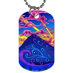 Psychedelic Colorful Lines Nature Mountain Trees Snowy Peak Moon Sun Rays Hill Road Artwork Stars Dog Tag (One Side)