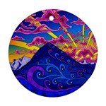 Psychedelic Colorful Lines Nature Mountain Trees Snowy Peak Moon Sun Rays Hill Road Artwork Stars Round Ornament (Two Sides)