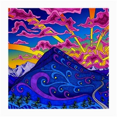 Psychedelic Colorful Lines Nature Mountain Trees Snowy Peak Moon Sun Rays Hill Road Artwork Stars Medium Glasses Cloth (2 Sides) by pakminggu