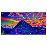 Psychedelic Colorful Lines Nature Mountain Trees Snowy Peak Moon Sun Rays Hill Road Artwork Stars Banner and Sign 8  x 4 