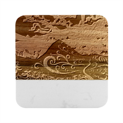 Psychedelic Colorful Lines Nature Mountain Trees Snowy Peak Moon Sun Rays Hill Road Artwork Stars Marble Wood Coaster (square) by pakminggu