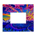 Psychedelic Colorful Lines Nature Mountain Trees Snowy Peak Moon Sun Rays Hill Road Artwork Stars White Wall Photo Frame 5  x 7 