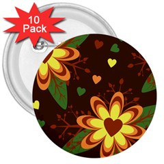 Floral Hearts Brown Green Retro 3  Buttons (10 Pack)  by danenraven