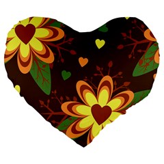 Floral Hearts Brown Green Retro Large 19  Premium Heart Shape Cushions by danenraven