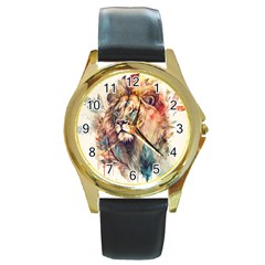 Lion Africa African Art Round Gold Metal Watch by Mog4mog4