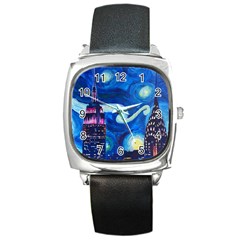 Starry Night In New York Van Gogh Manhattan Chrysler Building And Empire State Building Square Metal Watch by Mog4mog4