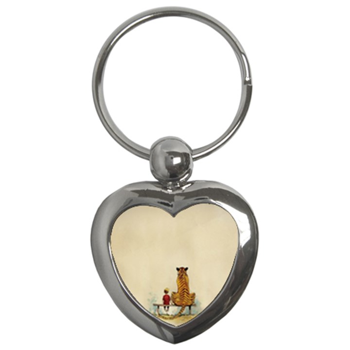 Tiger Sitting Beside Boy Painting Parody Cartoon Key Chain (Heart)