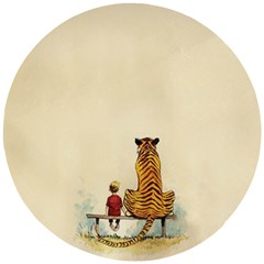 Tiger Sitting Beside Boy Painting Parody Cartoon Wooden Puzzle Round by Bakwanart