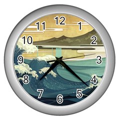 Sea Asia, Waves Japanese Art The Great Wave Off Kanagawa Wall Clock (silver) by Bakwanart