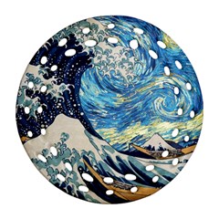 The Great Wave Of Kanagawa Painting Hokusai, Starry Night Vincent Van Gogh Round Filigree Ornament (two Sides) by Bakwanart