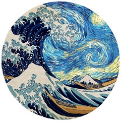 The Great Wave Of Kanagawa Painting Hokusai, Starry Night Vincent Van Gogh Wooden Puzzle Round by Bakwanart
