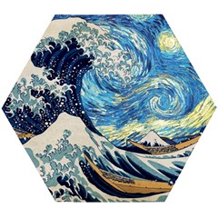 The Great Wave Of Kanagawa Painting Hokusai, Starry Night Vincent Van Gogh Wooden Puzzle Hexagon by Bakwanart
