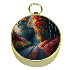 Forest Autumn Fall Painting Gold Compasses