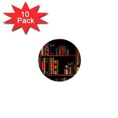 Assorted Title Of Books Piled In The Shelves Assorted Book Lot Inside The Wooden Shelf 1  Mini Buttons (10 Pack)  by 99art
