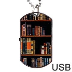 Assorted Title Of Books Piled In The Shelves Assorted Book Lot Inside The Wooden Shelf Dog Tag Usb Flash (two Sides) by 99art