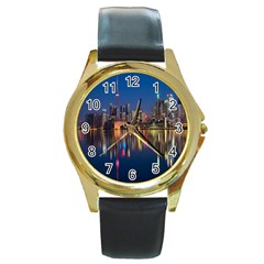 Seaside River Round Gold Metal Watch by artworkshop