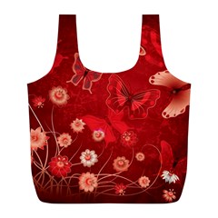 Four Red Butterflies With Flower Illustration Butterfly Flowers Full Print Recycle Bag (l) by B30l