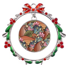 Multicolored Flower Decor Flowers Patterns Leaves Colorful Metal X mas Wreath Ribbon Ornament by B30l