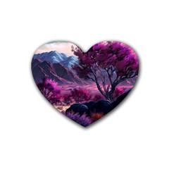 Landscape Landscape Painting Purple Purple Trees Rubber Heart Coaster (4 Pack) by Cowasu