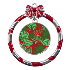 Leaves Leaf Nature Pattern Red Green Metal Red Ribbon Round Ornament by Cowasu