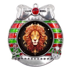 Lion Star Sign Astrology Horoscope Metal X mas Ribbon With Red Crystal Round Ornament