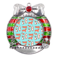 Corgis On Teal Metal X mas Ribbon With Red Crystal Round Ornament by Wav3s