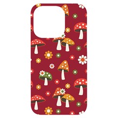 Woodland Mushroom And Daisy Seamless Pattern On Red Background Iphone 14 Pro Black Uv Print Case