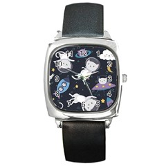 Space Cat Illustration Pattern Astronaut Square Metal Watch by Wav3s