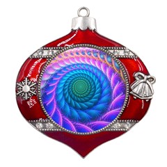 Peacock Feather Fractal Metal Snowflake And Bell Red Ornament by Wav3s