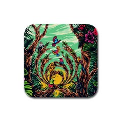 Monkey Tiger Bird Parrot Forest Jungle Style Rubber Square Coaster (4 Pack) by Grandong