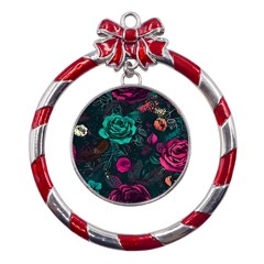 Roses Pink Teal Metal Red Ribbon Round Ornament