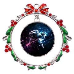 Psychedelic Astronaut Trippy Space Art Metal X mas Wreath Ribbon Ornament
