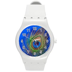 Blue Peacock Feather Round Plastic Sport Watch (m) by Amaryn4rt