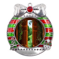 Beautiful World Entry Door Fantasy Metal X mas Ribbon With Red Crystal Round Ornament by Amaryn4rt