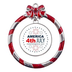 Independence Day Usa Metal Red Ribbon Round Ornament by Ravend