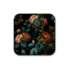 Floral Flower Blossom Turquoise Rubber Coaster (square)