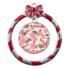 Floral Vintage Flowers Metal Red Ribbon Round Ornament