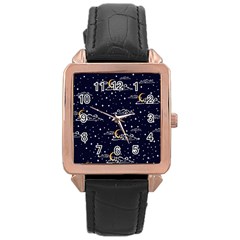 Hand-drawn-scratch-style-night-sky-with-moon-cloud-space-among-stars-seamless-pattern-vector-design- Rose Gold Leather Watch  by uniart180623