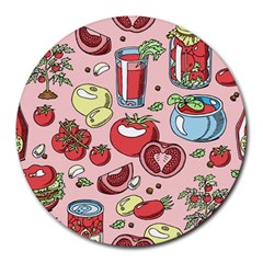 Tomato-seamless-pattern-juicy-tomatoes-food-sauce-ketchup-soup-paste-with-fresh-red-vegetables Round Mousepad by uniart180623