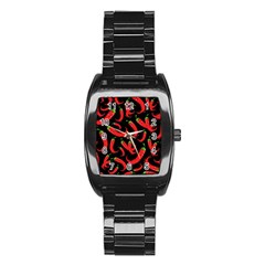 Seamless-vector-pattern-hot-red-chili-papper-black-background Stainless Steel Barrel Watch by uniart180623