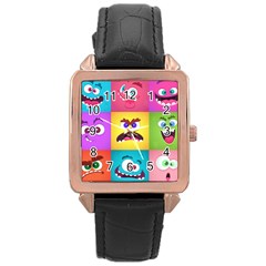 Monsters-emotions-scary-faces-masks-with-mouth-eyes-aliens-monsters-emoticon-set Rose Gold Leather Watch  by uniart180623