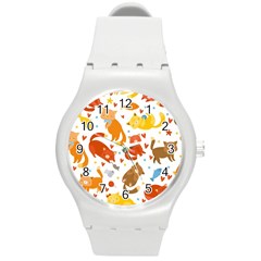 Seamless Pattern With Kittens White Background Round Plastic Sport Watch (m) by uniart180623
