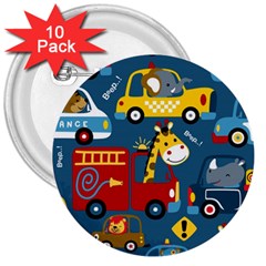 Seamless-pattern-vehicles-cartoon-with-funny-drivers 3  Buttons (10 Pack)  by uniart180623