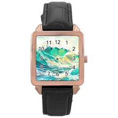 Waves Ocean Sea Tsunami Nautical Art Rose Gold Leather Watch  by uniart180623