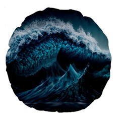 Tsunami Waves Ocean Sea Water Rough Seas Large 18  Premium Flano Round Cushions by uniart180623