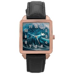 Tsunami Waves Ocean Sea Water Rough Seas Rose Gold Leather Watch  by uniart180623