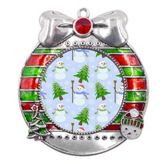 New Year Christmas Snowman Pattern, Metal X mas Ribbon With Red Crystal Round Ornament by uniart180623